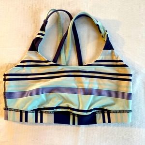 Lululemon navy/light blue striped sport bra. Size tag missing, fits 34C cup.